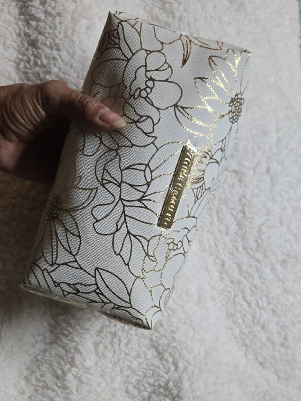 Vince Camuto White Cosmetic Bag with Gold Floral Accents